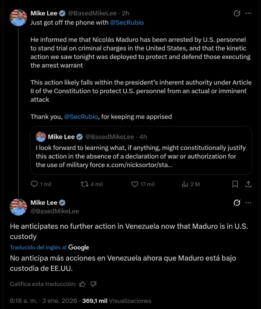 Senador estadounidense: Rubio le dijo que "no hay más medidas" ahora que Maduro está bajo custodia