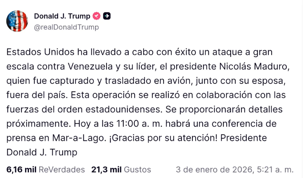 Trump afirma captura de Maduro tras ataque a Venezuela