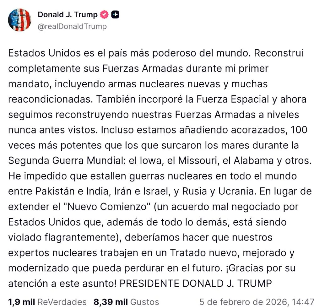 Trump pide un tratado nuclear nuevo y "modernizado" entre EEUU y Rusia