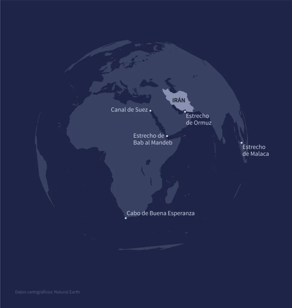 Planisferio localizando los puntos clave del transporte marítimo mundial (Infografía de Guillermo RIVAS PACHECO y Julie PEREIRA / AFP)