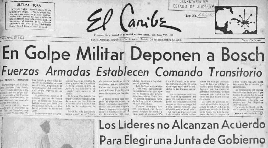 La portada de El Caribe del 26 de septiembre, luego del golpe del Estado a Bosch