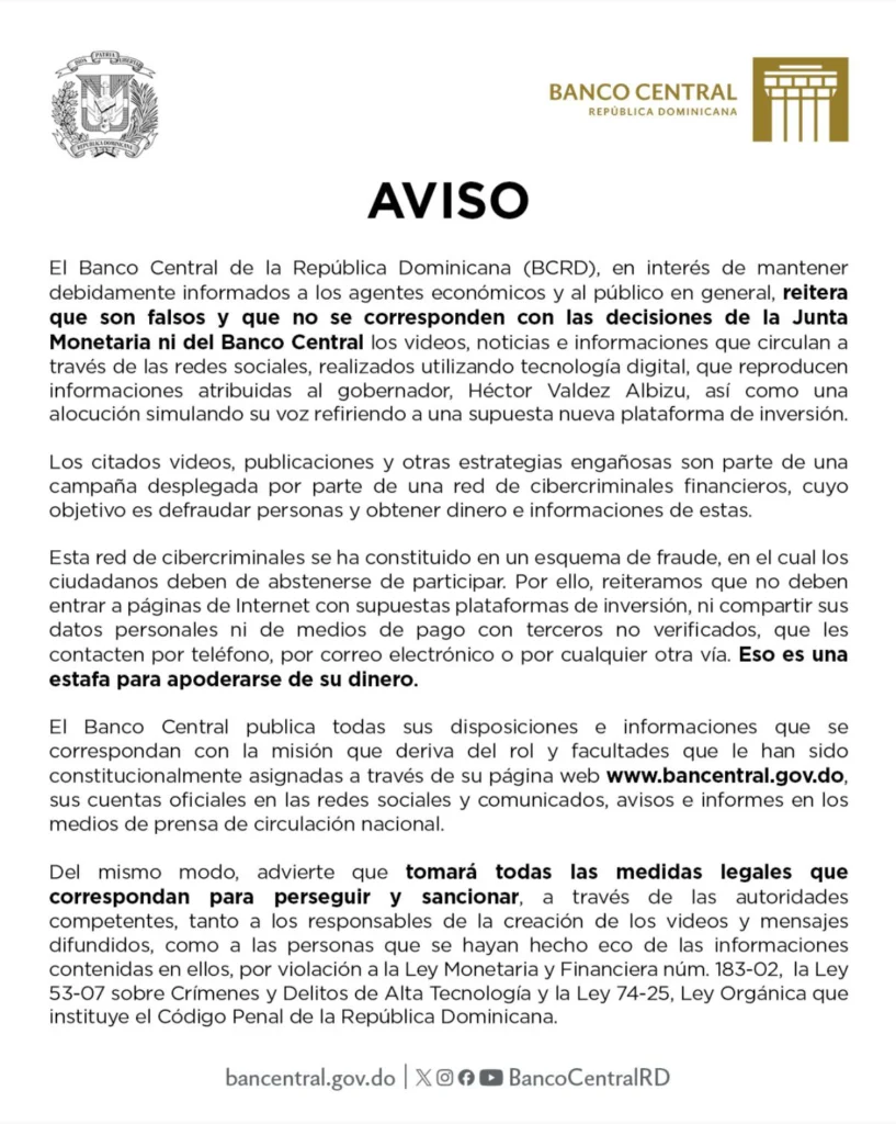Comunicado del Banco Central de la República Dominicana