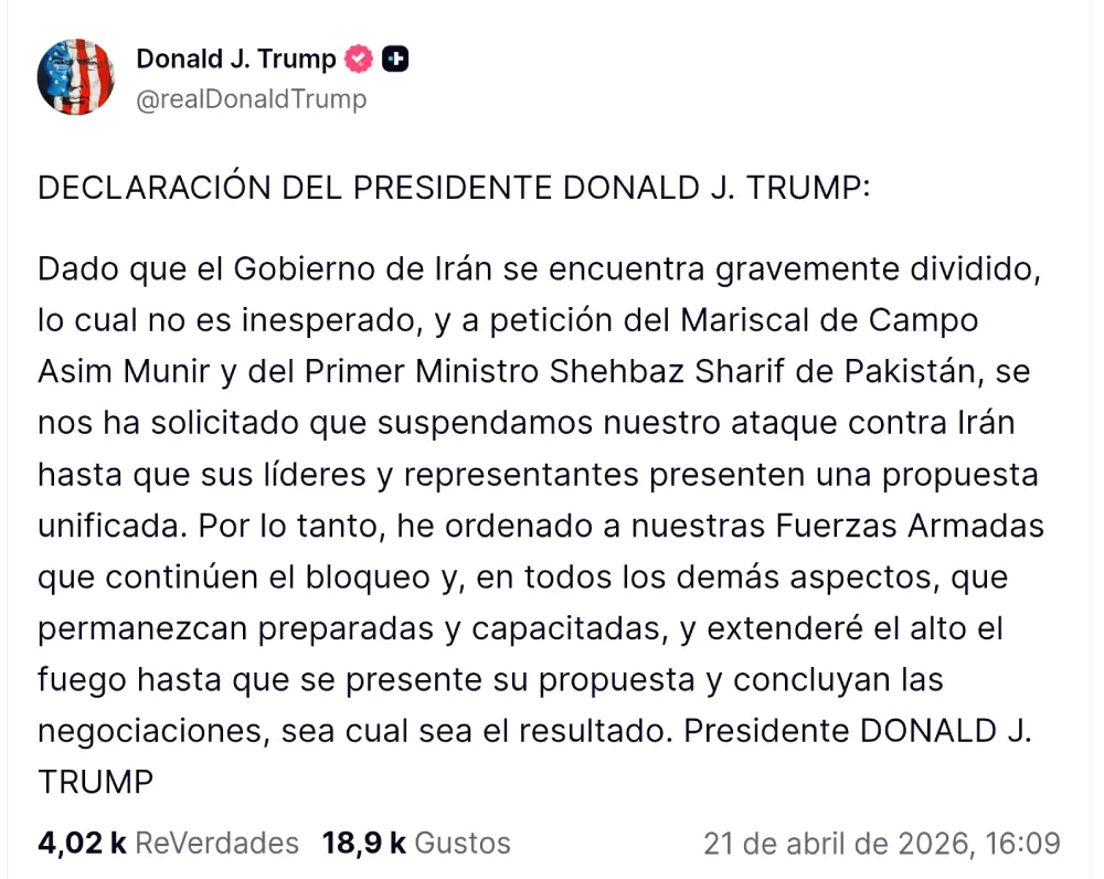 Trump anuncia una prolongación de la tregua con Irán