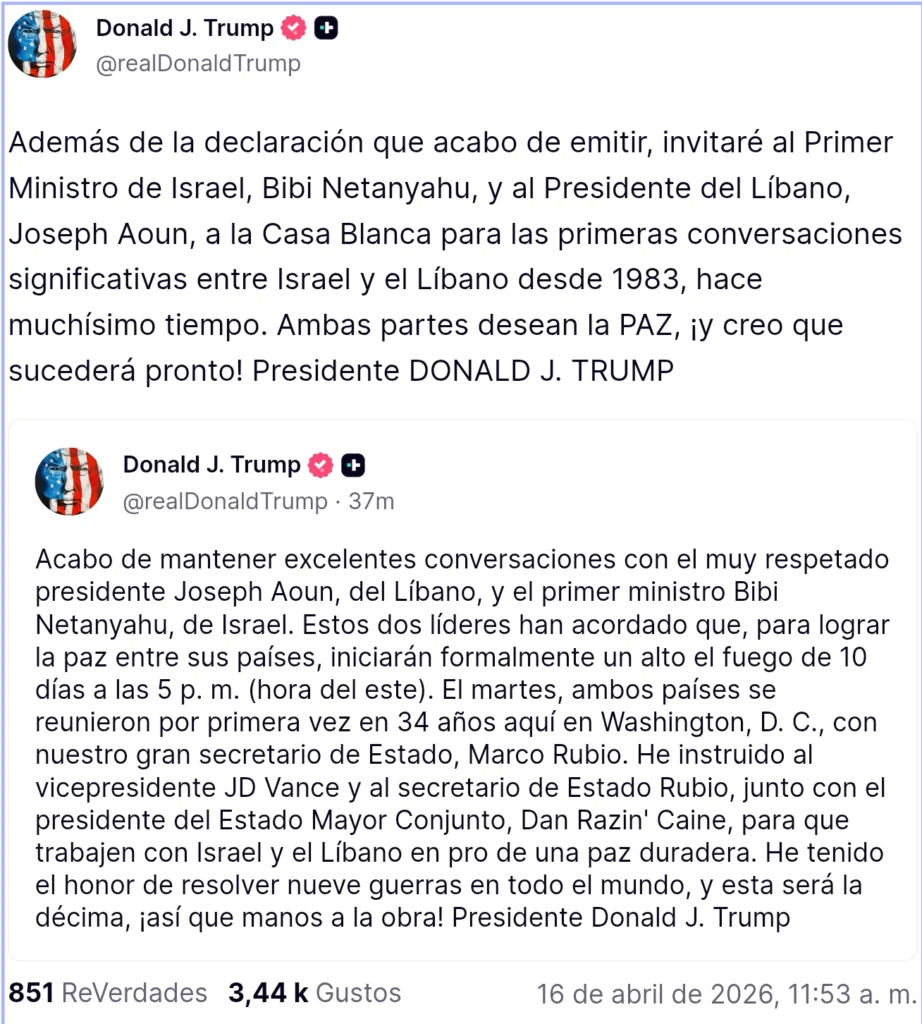 Trump: Israel y el Líbano acuerdan un alto el fuego