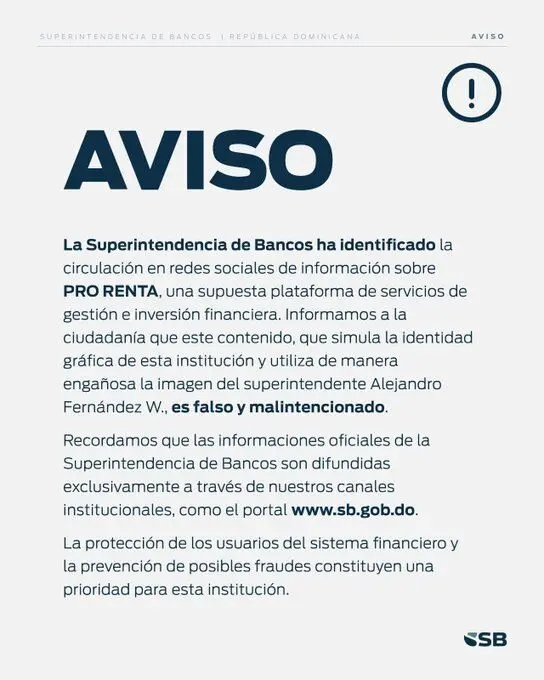 Superintencia de Bancos alerta sobre falsa plataforma “Pro Renta”