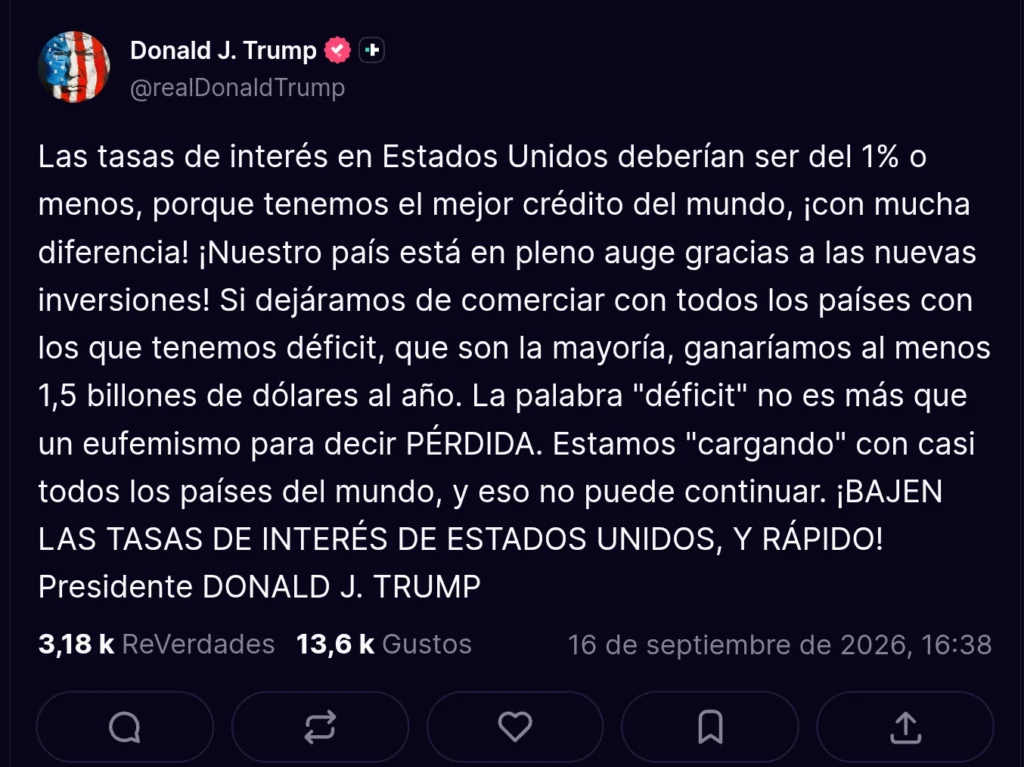 Trump pide tasas de 1 % tras subida de la Fed