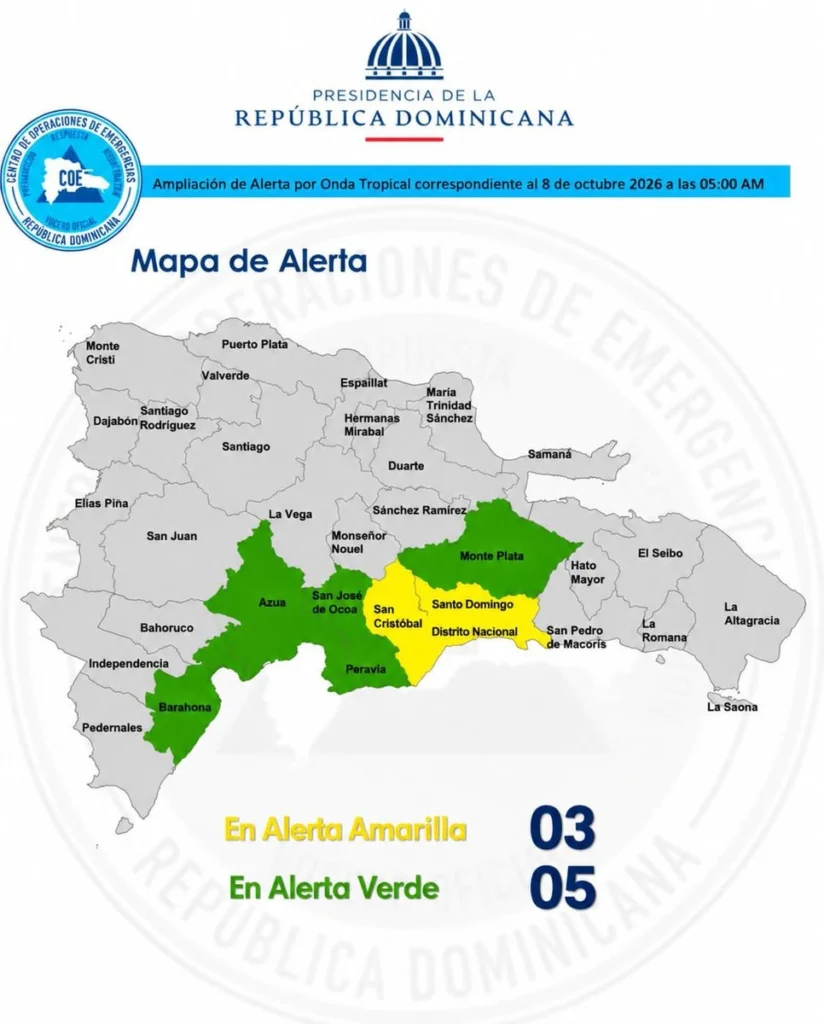 COE coloca al Distrito Nacional y dos provincias en alerta amarilla